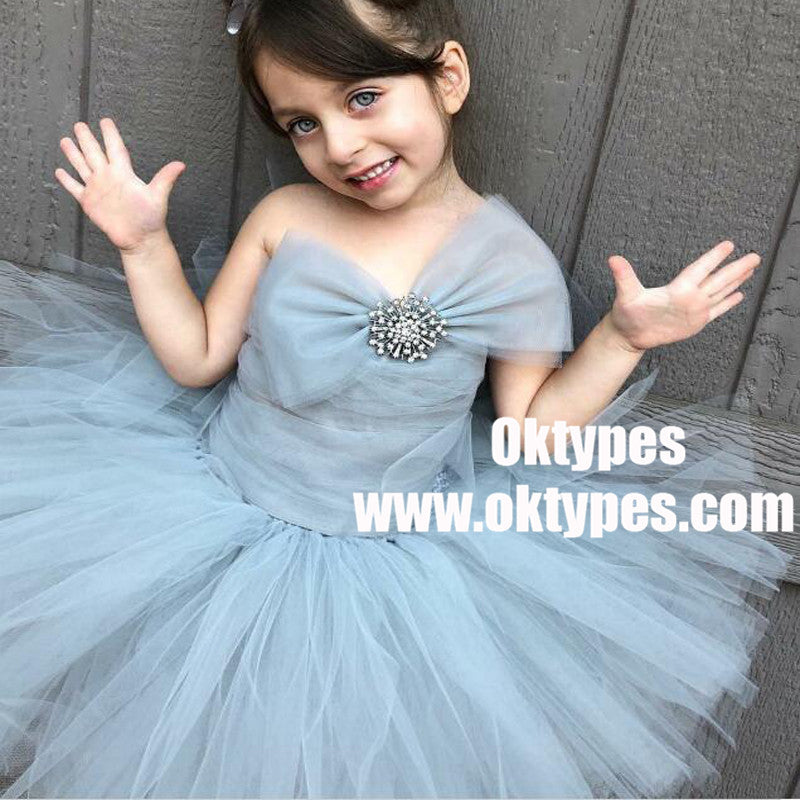 Ball Gown Strapless Sage Tulle Flower Girl Dress with Bow knot, TYP0949