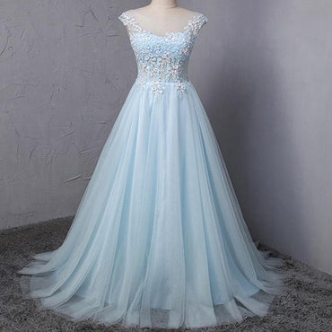 Light Blue Scoop Neckline Flower Embroidery A-Line Long Prom Dress, Beautiful Prom Dress, Prom Dresses, TYP0303