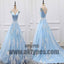Charming Light Blue Top Satin Off The Shoulder A-Line Long Prom Dress With White Appliques, Prom Dress, TYP0482