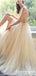 Light Champagne V-neck Long Cheap Tulle Prom Dresses With Beaded, TYP1633