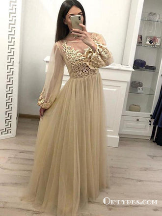 Stunning A Line Long Sleeve Tulle Appliques Prom Dresses, TYP1749