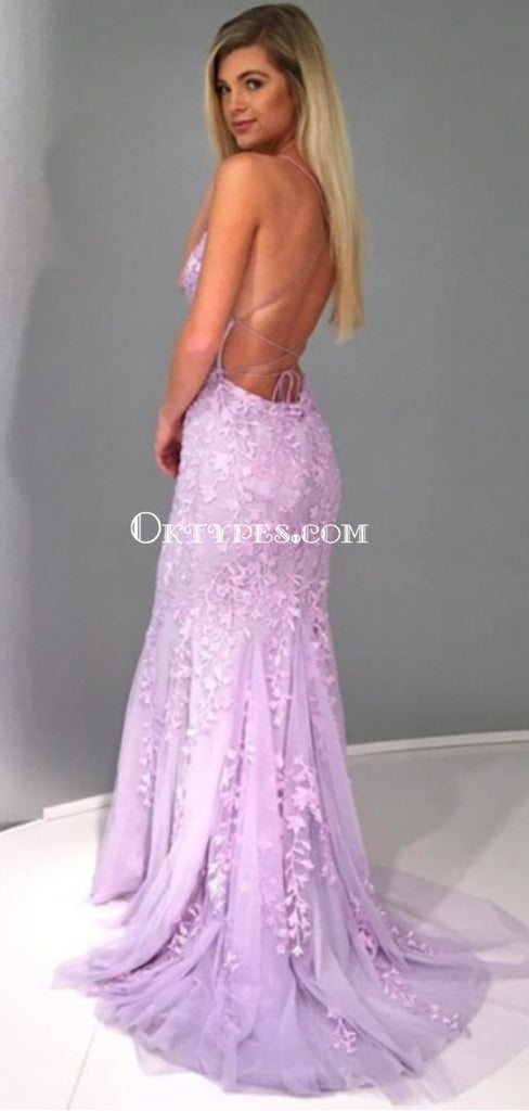 Sexy Backless Lace Mermaid Lilac Long Evening Prom Dresses, Cheap Custom Sweet 16 Dresses, PDS0088