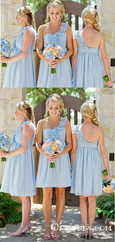 A-Line One Shoulder Light Blue Chiffon Bridesmaid Dresses with Ruffles, TYP1780