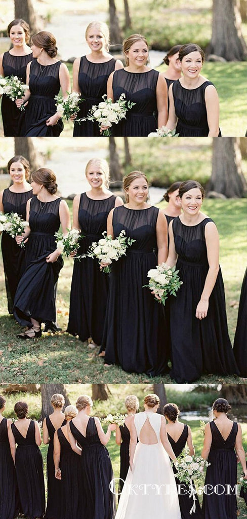 Elegant Black Chiffon Floor Length Cheap Bridesmaid Dresses, TYP1775