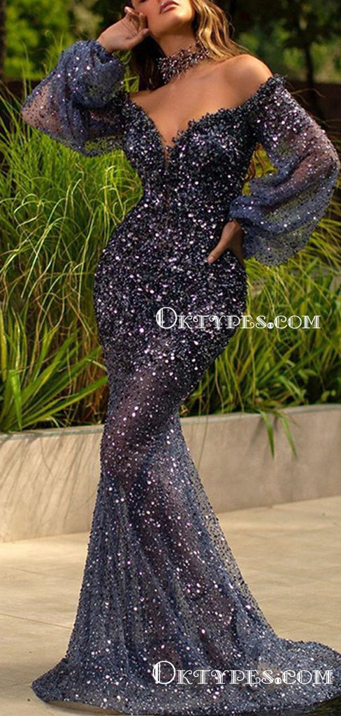 Off-The-Shoulder Long Sleeveless Hot Selling Sparkly Sequin Long Cheap Mermaid Evening Prom Dresses, TYP2103