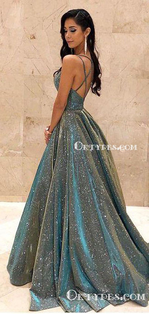 Ball Gown Sparkly Spaghetti Strap Sleeveless Long Cheap Sequin Charming Prom Dresses, TYP2084