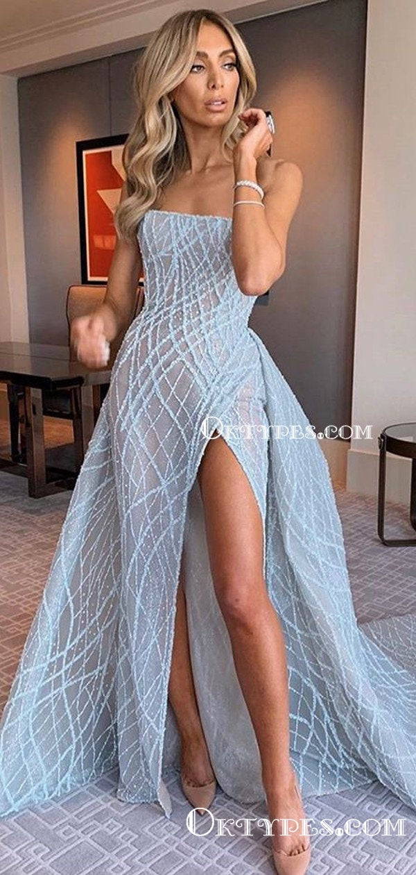 Newest Sparkly Strapless Sleeveless High Side Slit A-line Long Cheap E Oktypes Newest Sparkly Strapless Sleeveless High Side Slit A-line Long Cheap E Oktypes