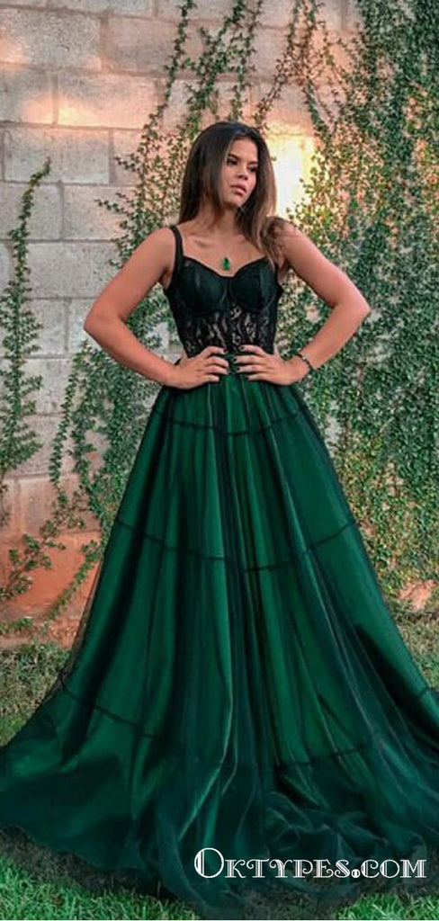A-Line Spaghetti Straps Dark Green Long Prom Dresses with Lace, TYP1655
