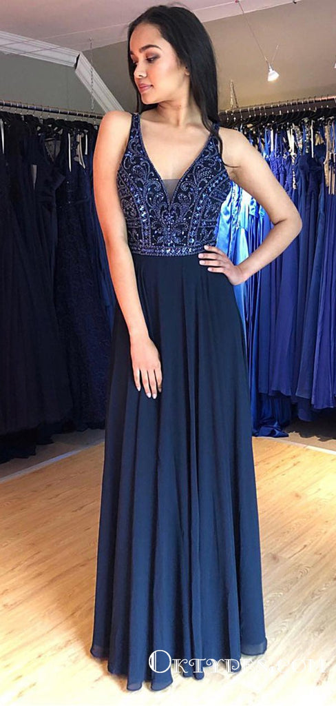 Charming V-neck Navy Blue Chiffon Long Cheap Prom Dresses With Beaded, TYP1894