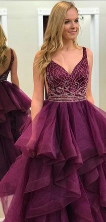V-neck Beaded Long Prom Dresses, Popular Ball Gown, Prom Dresses, TYP1400