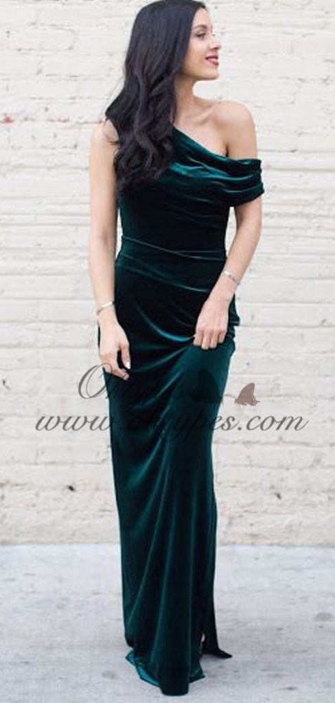 Charming One Shoulder Long Sheath Emerald Green Velvet Prom Dresses, TYP1610