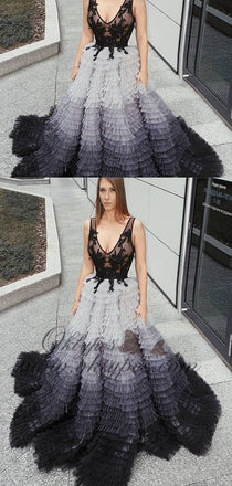 Unique V-neck Lace Beaded Gradient Tulle Luxury Prom Dresses, TYP1609