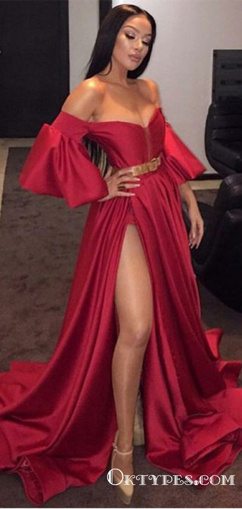 A-Line Off the Shoulder Split Red Long Prom Dresses with Belt Sleeves, TYP1646