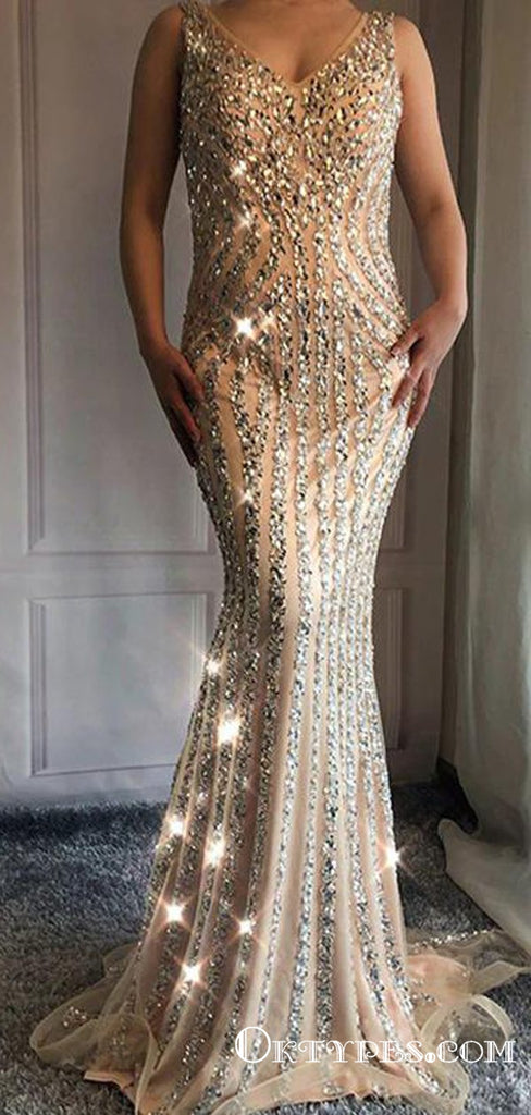 Champagne Long Cheap V Neck Prom Dresses With Beaded, TYP1767