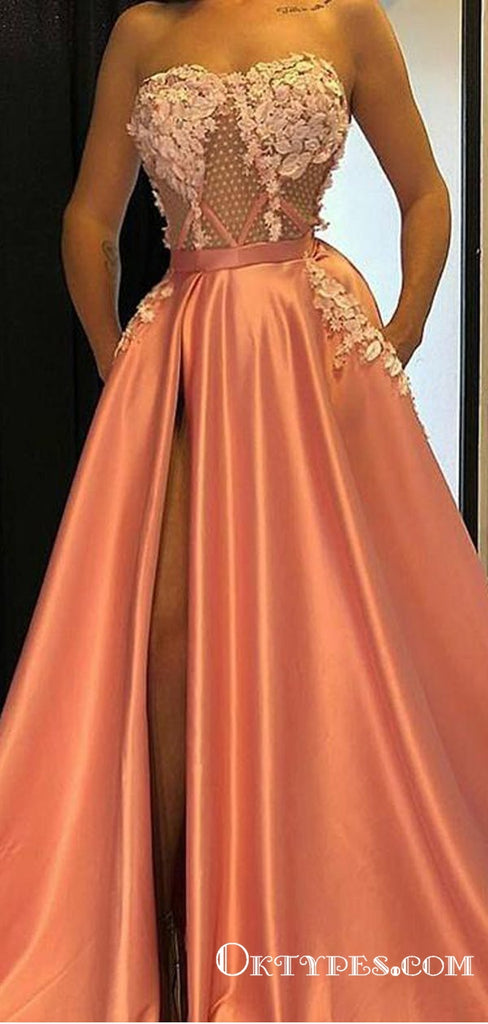 Strapless Orange Long Appliques Evening Gowns With Pockets Prom Dresses, TYP1704