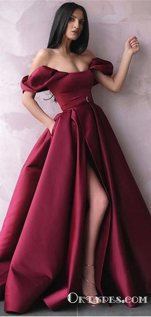 Burgundy Off-The-Shoulder Princess New Side-Slit Empire Prom Dresses, TYP1925