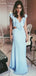 Sheath V-Neck Cut-out Blue Satin Long Prom Dresses with Ruffles, TYP1883