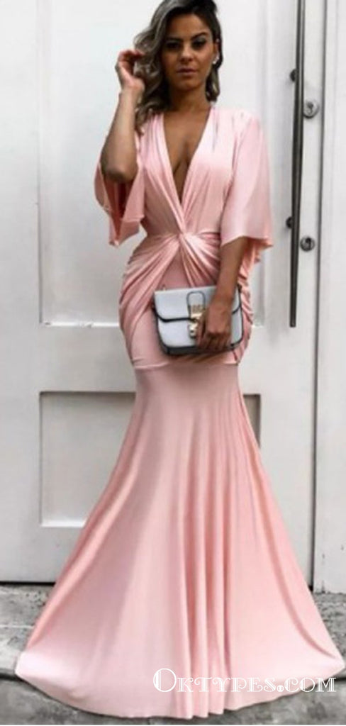 Mermaid Deep V-Neck Half Sleeves Ruched Pink Long Prom Dresses, TYP1625