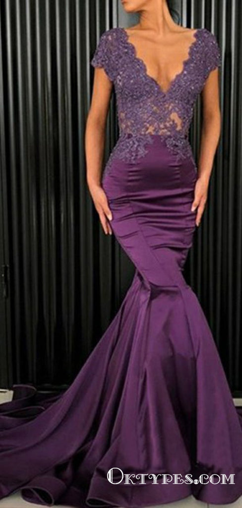 Mermaid V-Neck Cap Sleeves Purple Long Prom Dresses with Lace, TYP1639