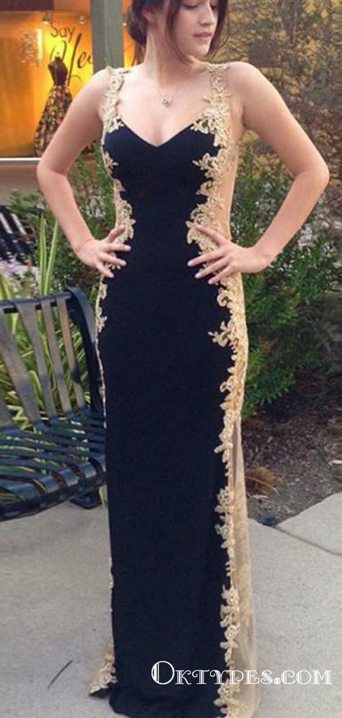 Black Spaghetti Strap Long Cheap Prom Dresses With Lace Applique, TYP1673