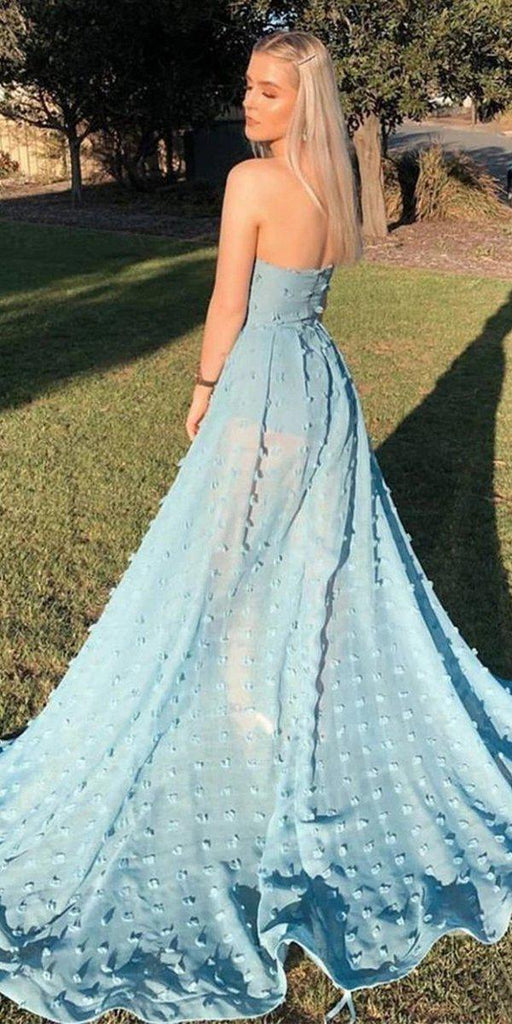 Sexy A line See Through Strapless Slit Backless Blue Prom Dresses with Appliques, PDS0052