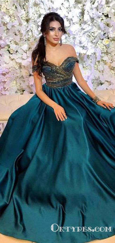 Sexy Off the Shoulder Beading Long Cheap Teal Prom Dresses, TYP1716