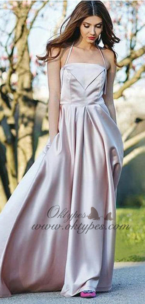 Simple Sexy Pink Halter Long Satin Prom Dresses with Pockets, TYP1604
