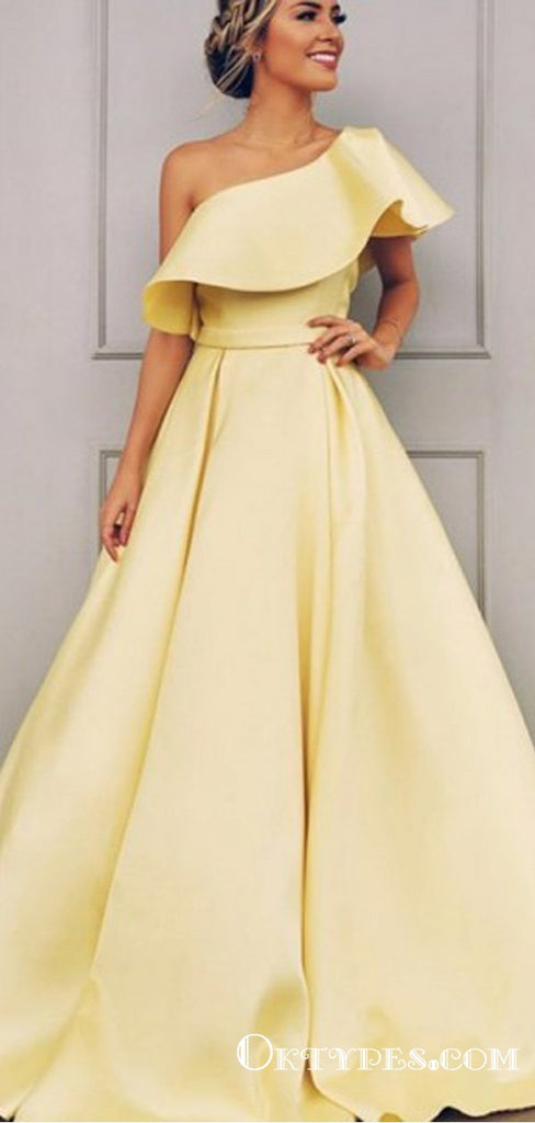 A-Line One Shoulder Sleeveless Yellow Long Prom Dresses With Ruffles, TYP1653