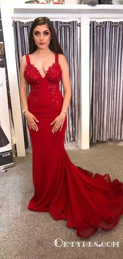 Gorgeous Mermaid V Neck Straps Dark Red Lace Long Prom Dresses, TYP1726