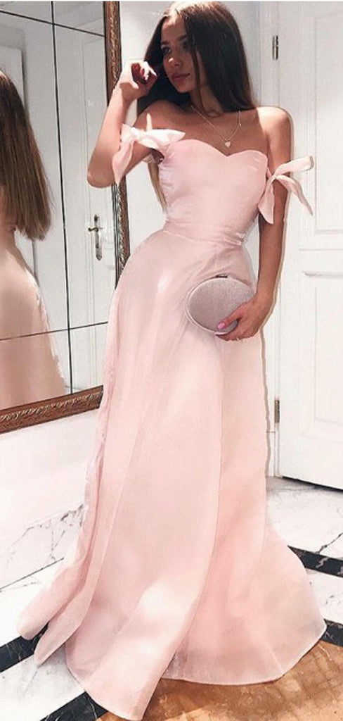 A-Line Off-the-Shoulder Pink Satin Long Cheap Prom Dresses, TYP1881