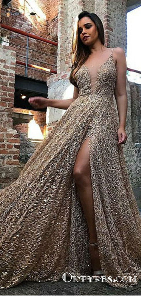 A-Line Spaghetti Straps Sleeveless Champagne Lace Long Prom Dresses, TYP1664