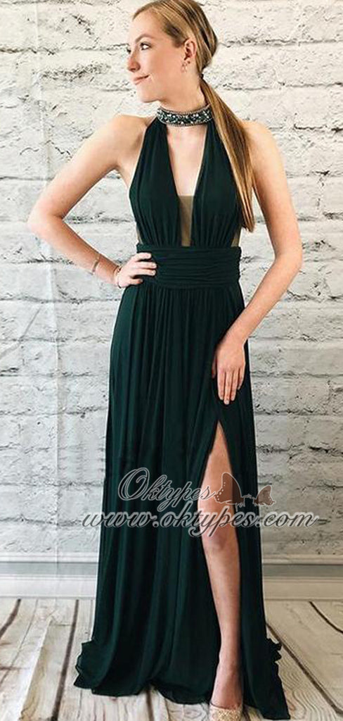 Charming Dark Green Long Chiffon Prom Dresses with Split&Beaded, TYP1600