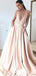 A-Line Illusion Jewel Short Sleeves Blush Pink Long Prom Dresses with Appliques&Pockets, TYP1629