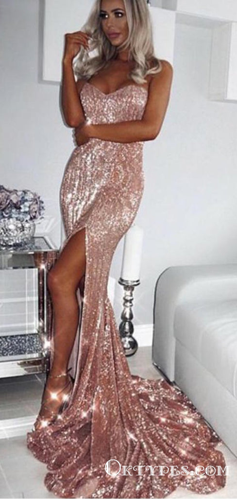 Mermaid  Sweetheart Pink Sequin Long Prom Dresses With Slit, TYP1698