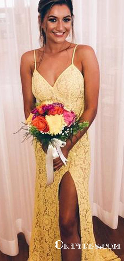 Elegant Yellow Lace Long Cheap Evening Prom Dresses With Slit, TYP1727