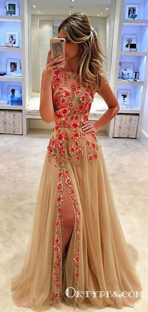 A-Line Jewel Champagne Tulle Prom Dresses with Appliques Split-Side, TYP1887