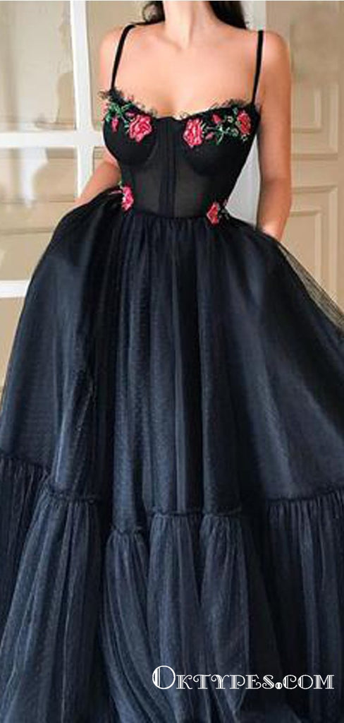 Black Tulle Spaghetti Straps Long Evening Gowns With Appliques Prom Dresses, TYP1700