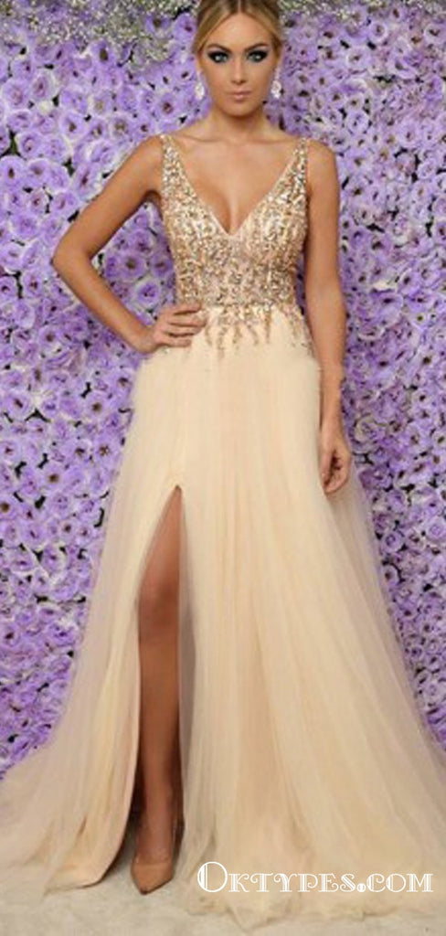 A-Line V-Neck  Champagne Beaded Long Cheap Prom Dresses With Slit, TYP1623