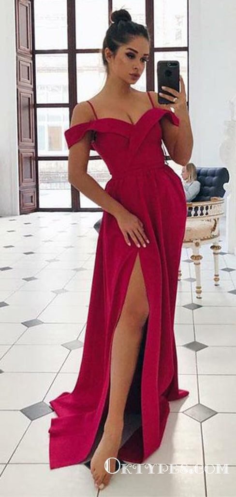 Sexy Off The Shoulder Red Long Prom Dresses With Side Slit, TYP1764