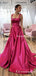 Newest Charming A-Line Double Straps Pink Satin Split Long Evening Prom Dresses with Pockets, PDS0039