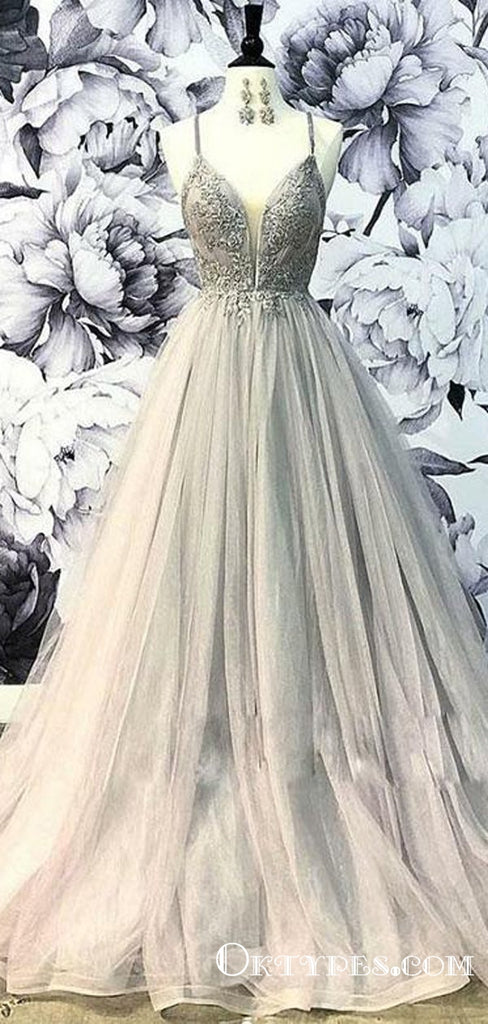 Gray Spaghetti Straps Appliques Long Cheap Evening Party Prom Dresses, TYP1742