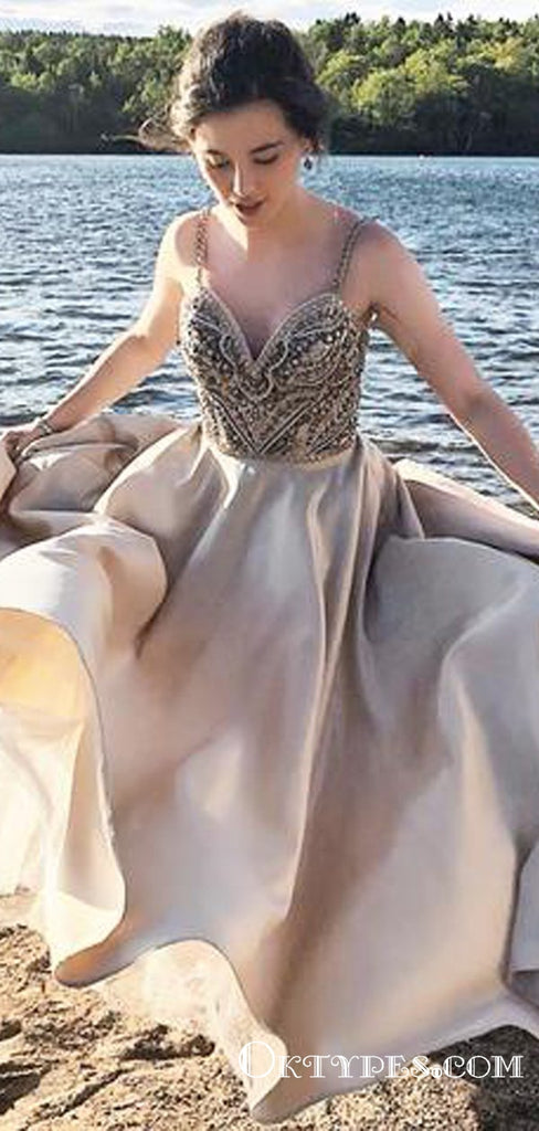 Spaghetti Strap Princess Champagne Long Prom Dresses with Beaded, TYP1718