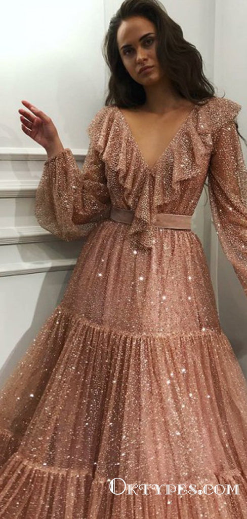 Sparkle V-neck Long Sleeves V-neck Evening Prom Dresses with Ruffles, TYP1670