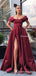 Off-The-Shoulder Charming Burgundy Satin A-line Long Cheap Side Slit Prom Dresses With Pockets, PDS0037