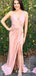 Sheath V-Neck Long Cheap Light Pink Prom Dresses with Split, TYP1795