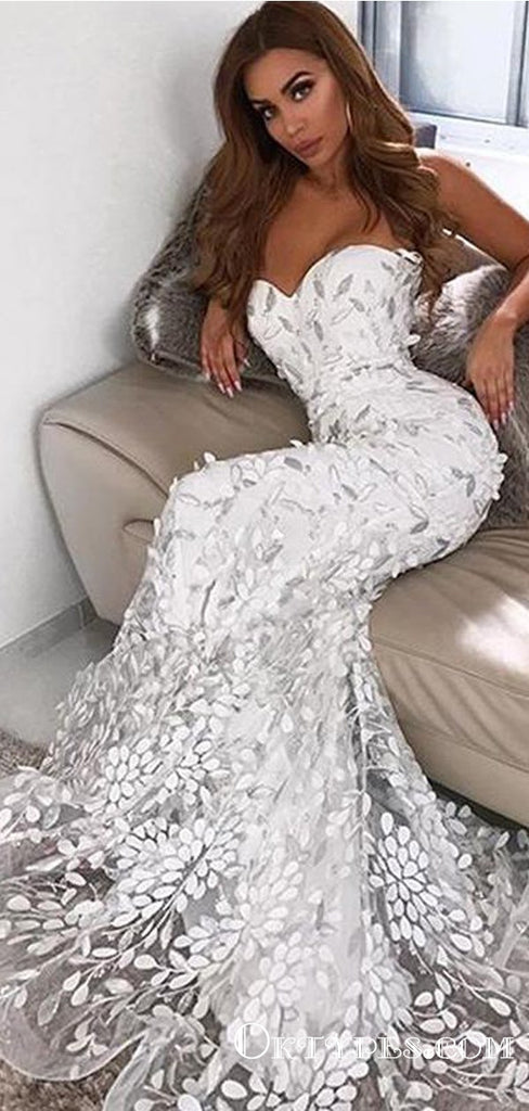 White Gorgeous Lace Sweetheart Mermaid Long Prom Dresses, TYP1782