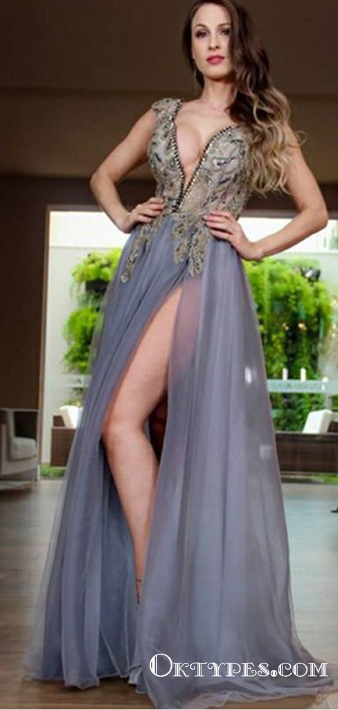 A-Line Deep V-Neck Split  Grey Long Prom Dresses with Beading Appliques, TYP1651
