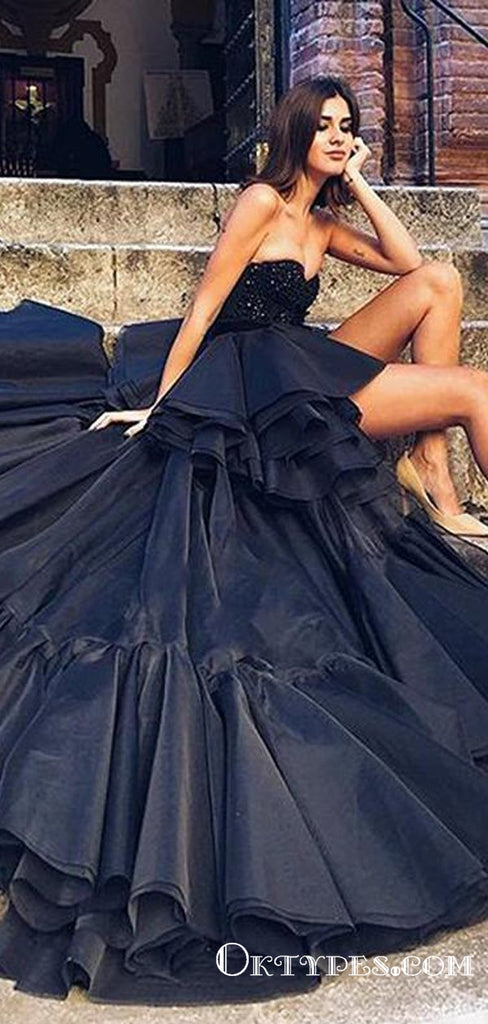 High Low Beading Sweetheart Black Evening Gowns Backless Prom Dresses, TYP1904