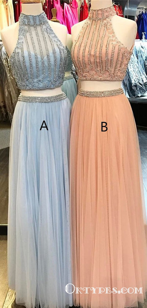 High Neck Peach Two Piece Long Cheap Prom Dresses with Beading, TYP1811