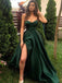 Simple Style Sweetheart Low Cut High Split A Line Sweep Train Dark Green Satin Prom Dresses, PDS0062